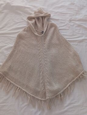 SM New York Beige Hooded Fringe Poncho